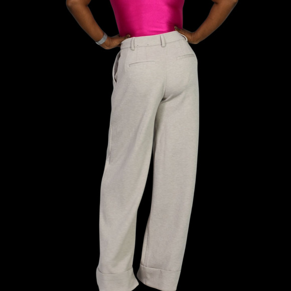 Express Stylist High Rise Pleated Wide Leg Trouser Beige Knit Cuffed Pant 2 Long - Picture 3 of 15